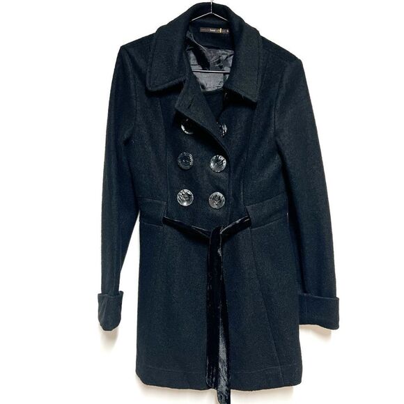 Anthropologie Hazel Black Tweed Long Line Double Breasted Wool Blend Pea Coat S - Picture 1 of 6